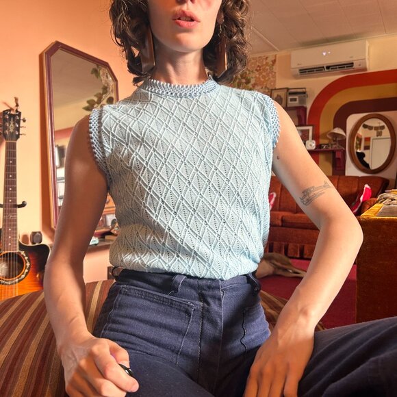 1960s MOD vintage baby blue textured mockneck sleeveless blouse tunic - Made in - Picture 9 of 15